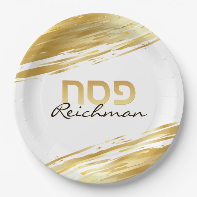 Pessach Pesach Hebräischer Goldrausch in Weiß Pappteller (Vorderseite)