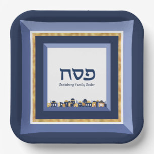 Pessach Seder Jerusalem Blue Gold Hebräisch Pappteller