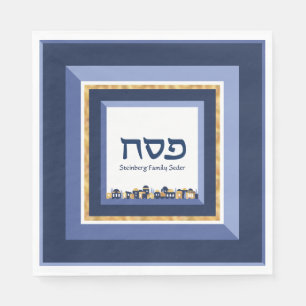 Pessach Seder Jerusalem Blue Gold Hebräisch Serviette