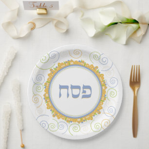 Pessach Seder Jerusalem Weißer Swirl Hebräische  Pappteller