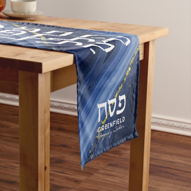 Pessach Seder Moderne Hebrew Blue Agate Mittelgroßer Tischläufer (Beispiel)