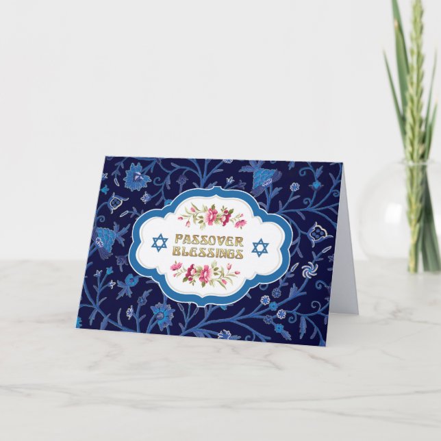 Pessach-Segnungen. Blaues Blumenmuster Karte (Vorderseite)