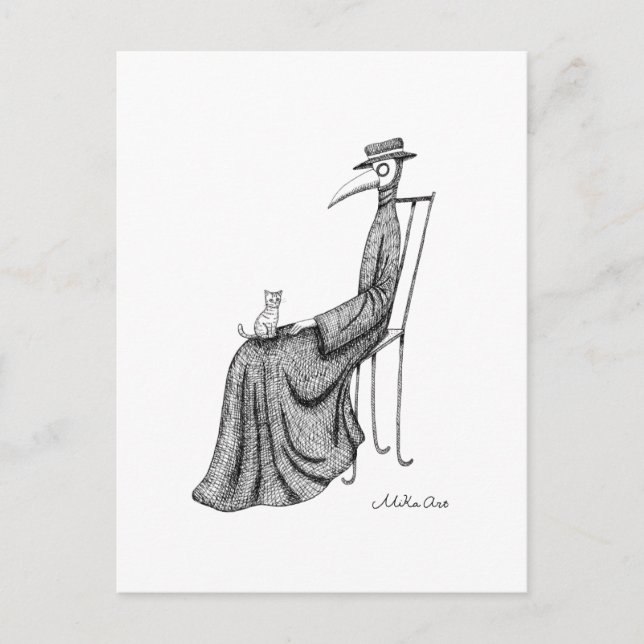 Pestarzt mit Katze auf einem Stuhl Goth Art sitzen Postkarte (Vorderseite)