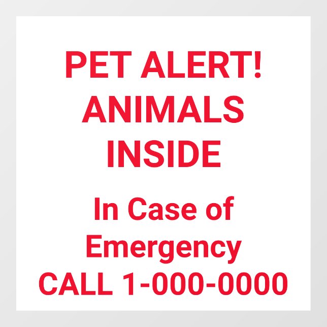 PET ALERT! Helle rote Buchstaben Fensteraufkleber (Blatt)