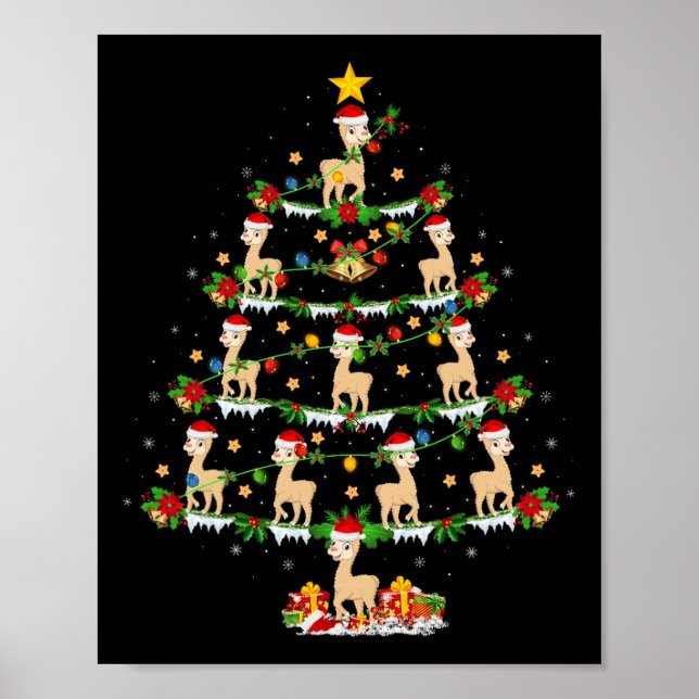 Pet Animal Xmas Lights Santa Alpaca Weihnachtsbaum Poster (Vorne)