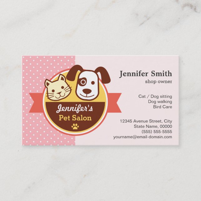 Pet Beauty Salon - Pink Polka Dots Visitenkarte (Vorderseite)