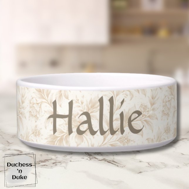 Pet Bowl - Ivory Botanical, Personalized  Napf (Personalized Dog Bowl with ivory botanical design displayed on marble counter top)