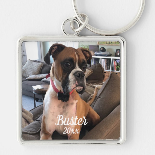 Pet Boxer Photo White Typography Personalize Schlüsselanhänger (Vorne)