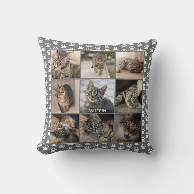 Pet Cat Foto Collage Paw Print Muster Grauer Name Kissen (Vorderseite)