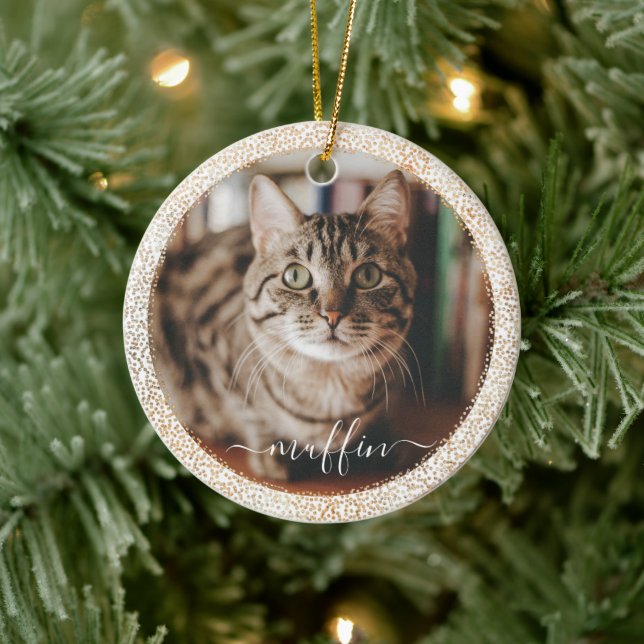 Pet Cat Foto Gold Glitzer Weihnachten Keramik Ornament (Baum)