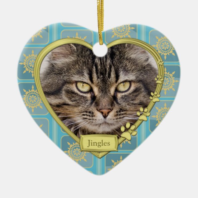 Pet Cat Memorial Blue Gold Herzstück Foto Weihnach Keramikornament (Vorne)
