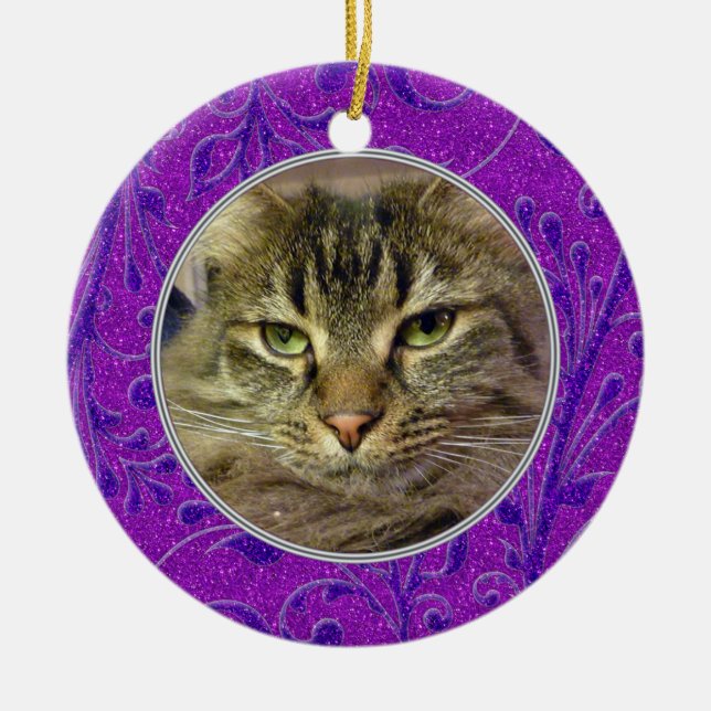 Pet Cat Memorial Lila Foto Weihnachten Keramikornament (Vorne)
