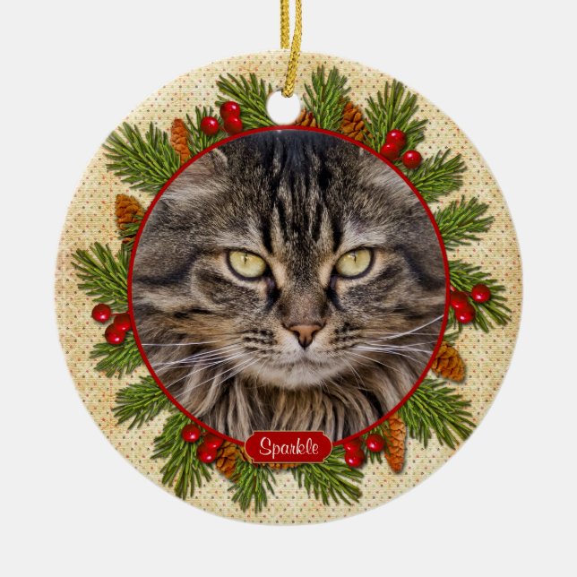 Pet Cat Memorial Pine Boughs Holly Foto Weihnachte Keramikornament (Vorne)