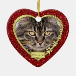 Pet Cat Memorial Red Gold Herzstück Foto Weihnacht Keramik Ornament