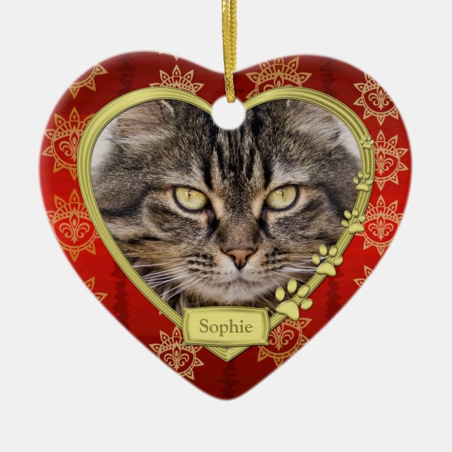 Pet Cat Memorial Red Gold Herzstück Foto Weihnacht Keramikornament (Vorne)