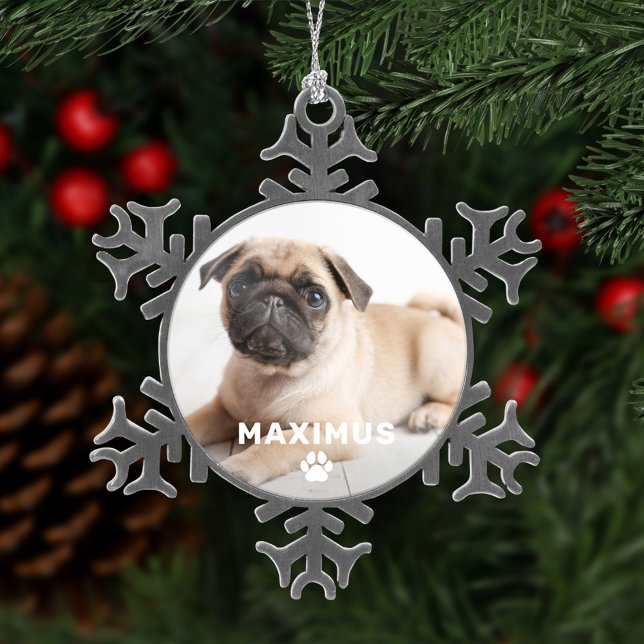 Pet Dog Einfache Paw Print Individuelle Name Foto Schneeflocken Zinn-Ornament (Von Creator hochgeladen)