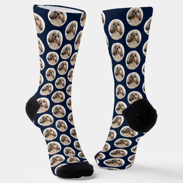 Pet Dog Foto Pattern Navy Blue Geburtstag Socken (Gewinkelt)