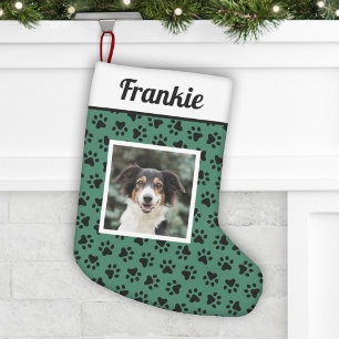 Pet Dog Green and Black Paw Prints Custom Photo Kleiner Weihnachtsstrumpf