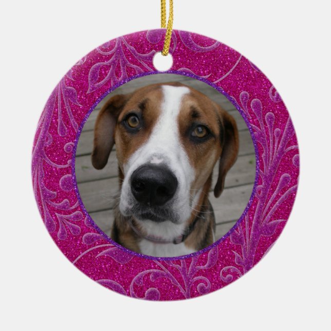 Pet Dog Memorial Pink Lila Foto Weihnachten Keramikornament (Vorne)