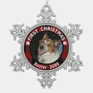 Pet ERSTES WEIHNACHTENFoto-roten schwarzer Schneeflocken Zinn-Ornament