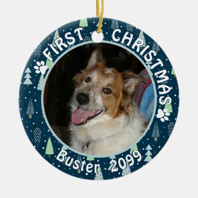 Pet First CHRISTMAS Blue Green Trees Keramik Ornament (Vorne)