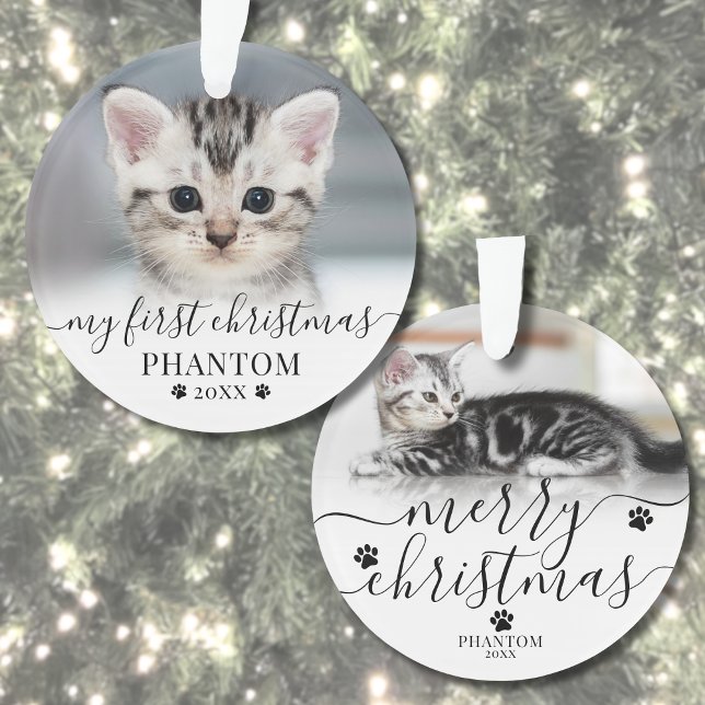 Pet First Christmas Script Cat Foto Ornament (Pet First Christmas Script Cat Photo Ornament)
