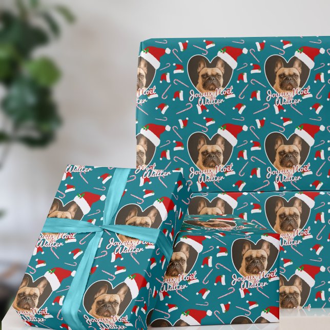 Pet Foto Aquamarin Herz Weihnachtswrapping Papier Geschenkpapier (A fun and festive wrapping paper with your pup's picture. Happy Howlidays!)