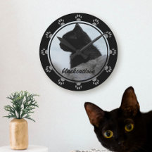 Pet Foto Black Cat Name Paw Print Wall Clock