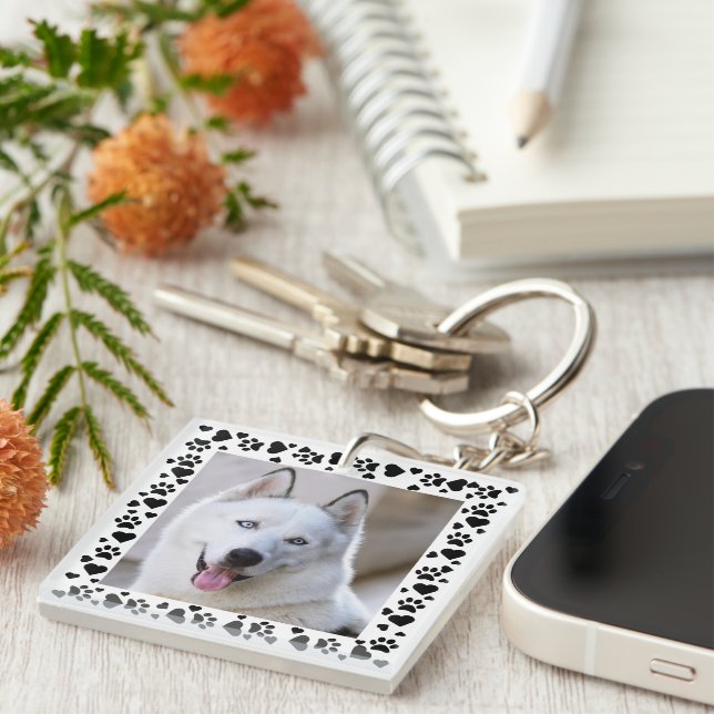 Pet-Foto-Dog-Paw-Drucke in Herz-Rahmen anpassen Schlüsselanhänger (Vorderseite rechts)