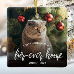 Pet Foto Erste Weihnachtsfeier Forever Zuhause Sil Keramikornament<br><div class="desc">Erinnern Sie sich an das erste Weihnachtsfest Ihres Tieres in ihrer neuen Zuhause mit diesem modernen Sakesake-Ornament. Der Text lautet "Erste Weihnachten in meinem Pelz-Zuhause", mit dem Wort "Pelz-je-Zuhause" in eleganten Silber-Imitat-Folienskripten. Ersetzen Sie das Beispielbild durch ein Foto Ihrer Katze oder Ihres Hundes und fügen Sie ihren Namen und das...</div>