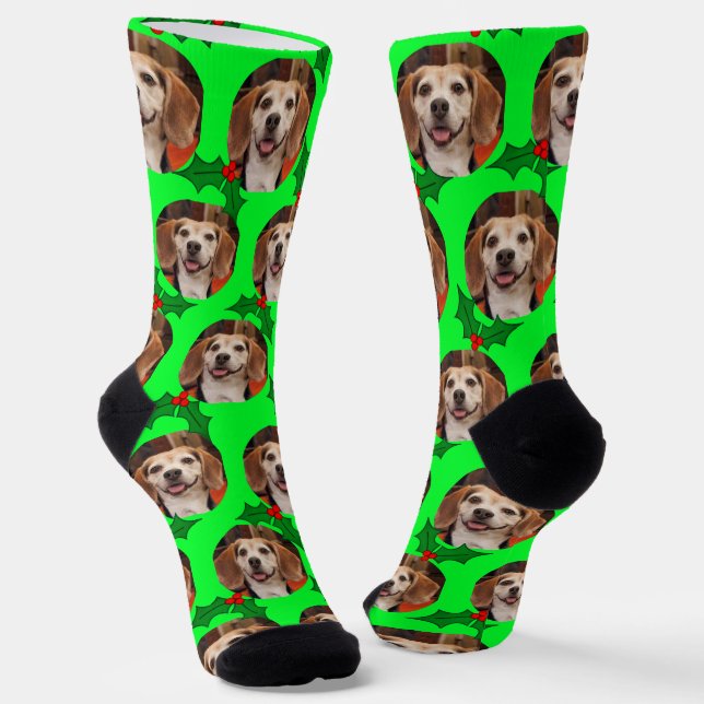 Pet Foto Green Holly Niedliche Weihnachten Socken (Gewinkelt)