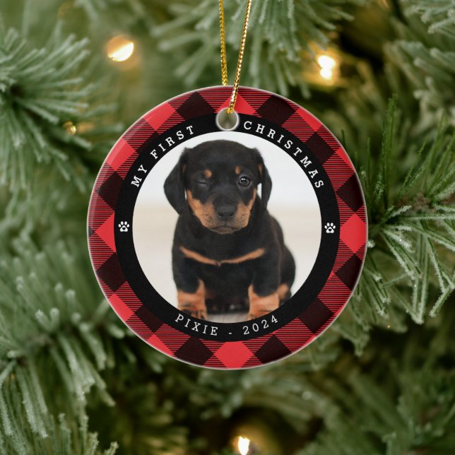 Pet Foto "Mein erstes Weihnachten" Karierte Weihna Keramik Ornament (Baum)