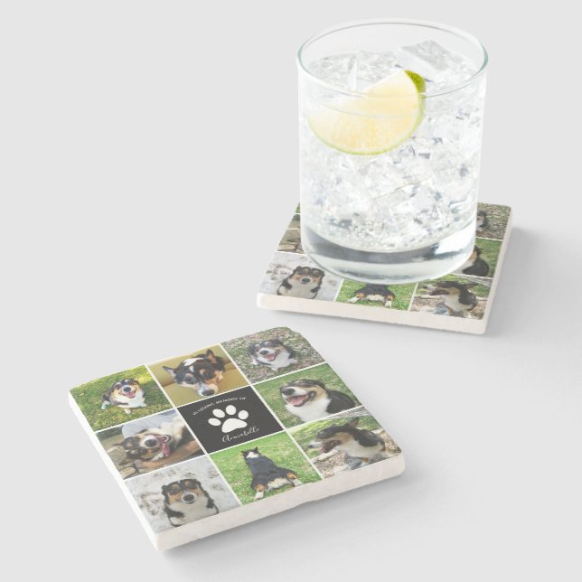 Pet Memorial Custom Dog Foto Collage Paw Print Steinuntersetzer (Seitenansicht)