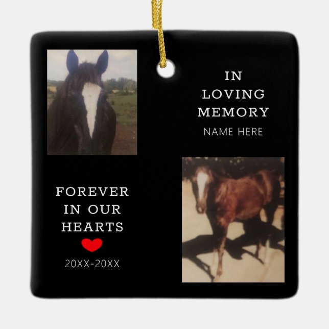 Pet Memorial Horse Foto Rotes Herz Personalisiert Keramikornament (Vorderseite)