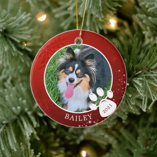 Pet Paw Print Christmas Red Snowflake Stars Foto Keramik Ornament (Baum)