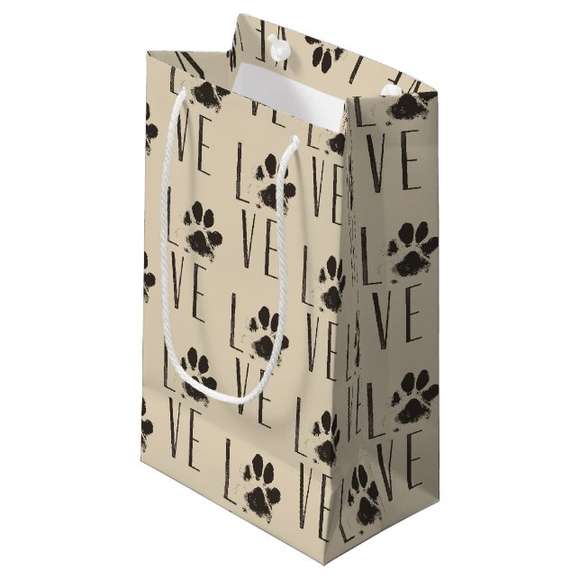 Pet Paw Print Liebe Typografie Muster Kleine Geschenktüte (Vorderseite Schrägansicht)