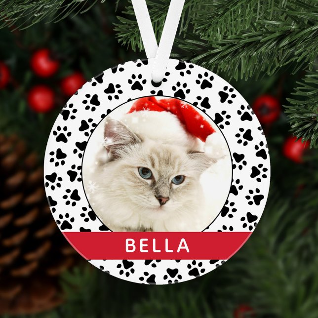 Pet Paw Prints Red Personalisiert Cat Name Foto Ornament (Von Creator hochgeladen)