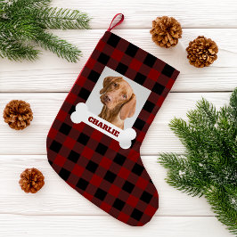 Pet Photo and Dog Bone with Name on Buffalo Plaid Kleiner Weihnachtsstrumpf