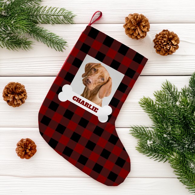 Pet Photo and Dog Bone with Name on Buffalo Plaid Kleiner Weihnachtsstrumpf (Von Creator hochgeladen)