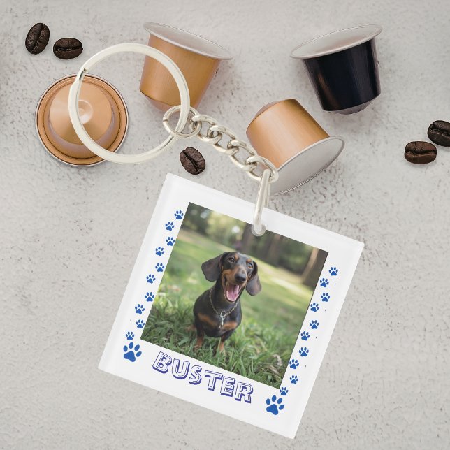 Pet Photo Paws Blue Personalize Schlüsselanhänger (Von Creator hochgeladen)