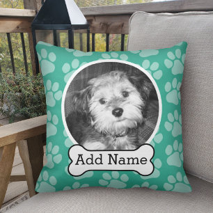 Pet Photo with Dog Bone and Paw Prints Green Kissen