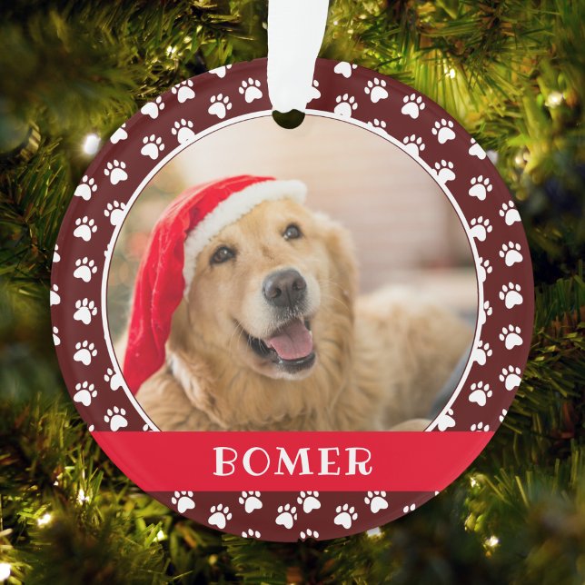 Pet Photo with Paw Print Pattern with Name Ornament (Von Creator hochgeladen)