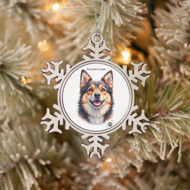 Pet’s Simple Modern Name & Photo Custom Design Schneeflocken Zinn-Ornament (Baum)