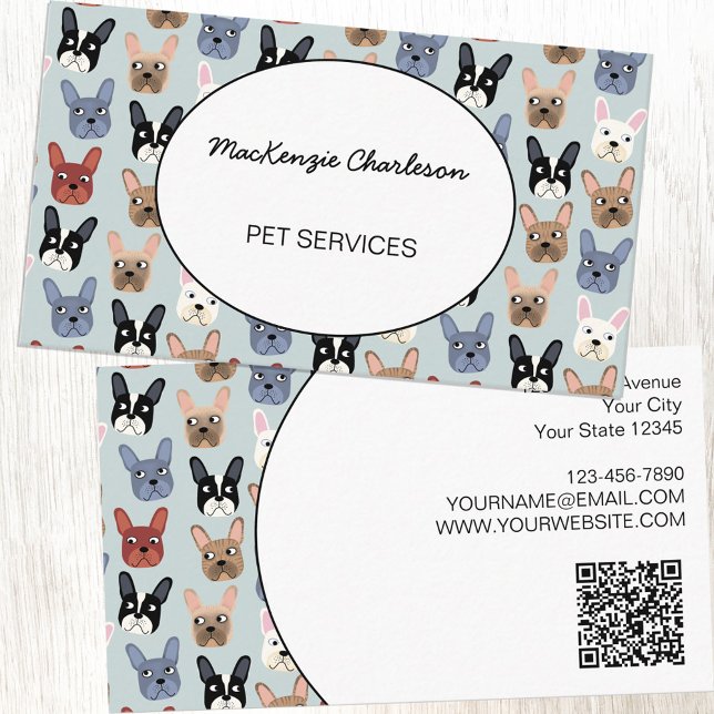 Pet Services French Bulldog QR Code Visitenkarte (French Bulldog pet services QR Code business card for dog walker, pet sitter or veterinarian)