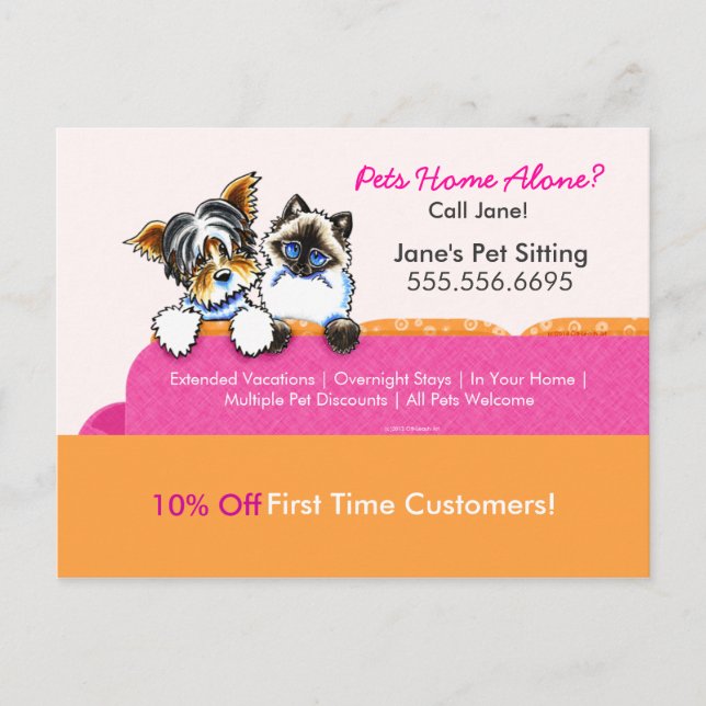 Pet Sitter Coupon Mailer Ad Yorkie Cat Couch Pink Postkarte (Vorderseite)