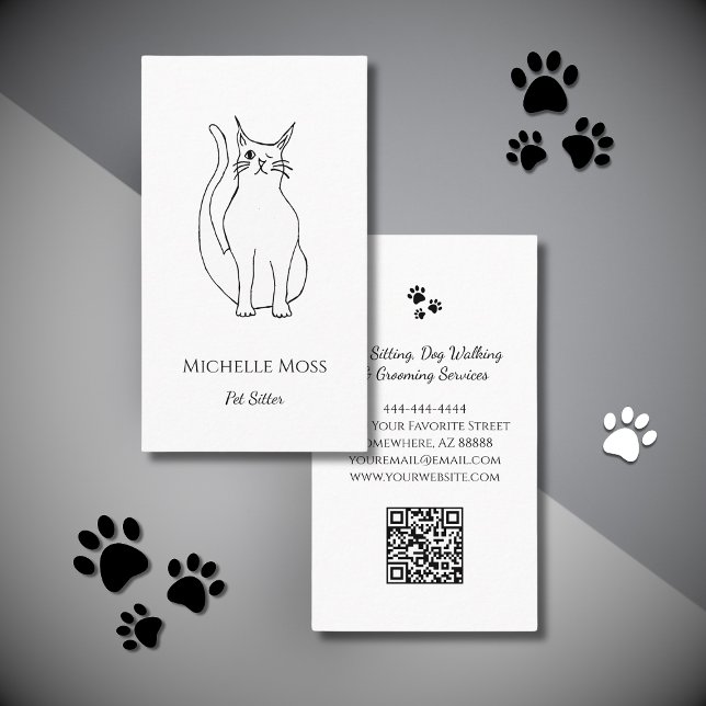 Pet Sitter QR-Code Niedlich Winking Cat Schwarz-we Visitenkarte (Von Creator hochgeladen)