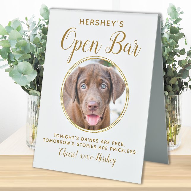 Pet Wedding Open Bar Dog Foto Elegante Gold Drinks Tischaufsteller (Von Creator hochgeladen)