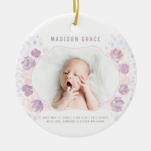 Petal Baby Girl Geburtsankündigung Custom Foto Keramik Ornament (Vorne)