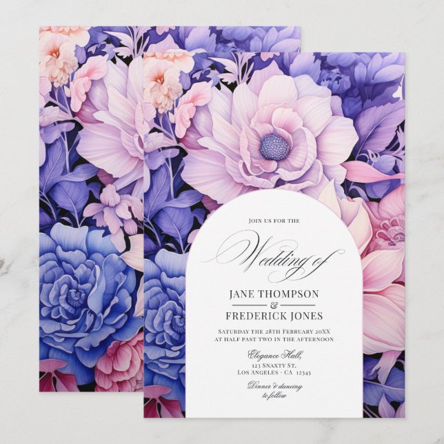 Petal Pink, Cornflower Blue & Mauve Floral Wedding Einladung (Vorne/Hinten)