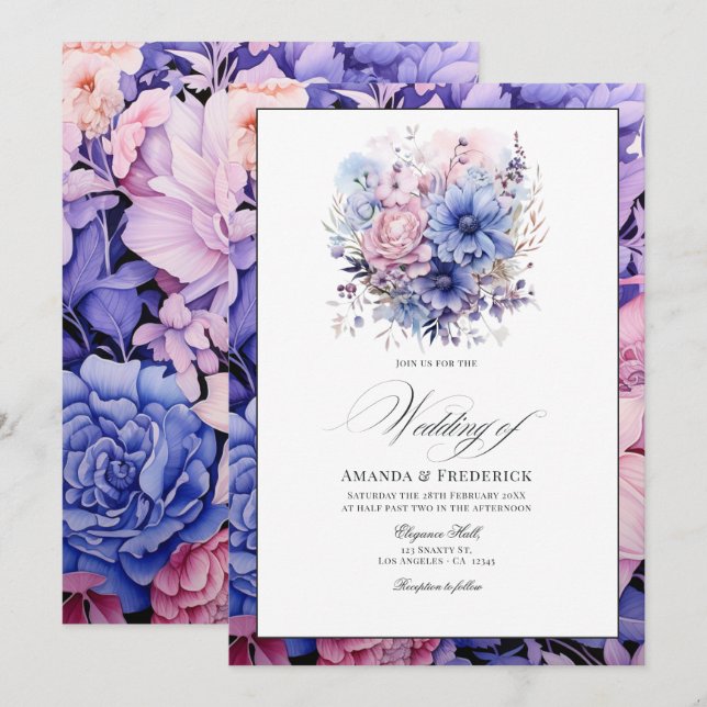 Petal Pink, Cornflower Blue & Mauve Floral Wedding Einladung (Vorne/Hinten)